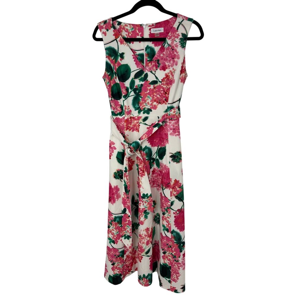 Calvin Klein Floral Fit & Flare Midi Dress Belted Pink Green Hydrangea Size 6